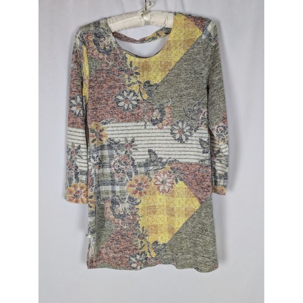 Bobeau M Patchwork Floral Stripe Plaid Strappy Back Tunic Blouse Green Yellow